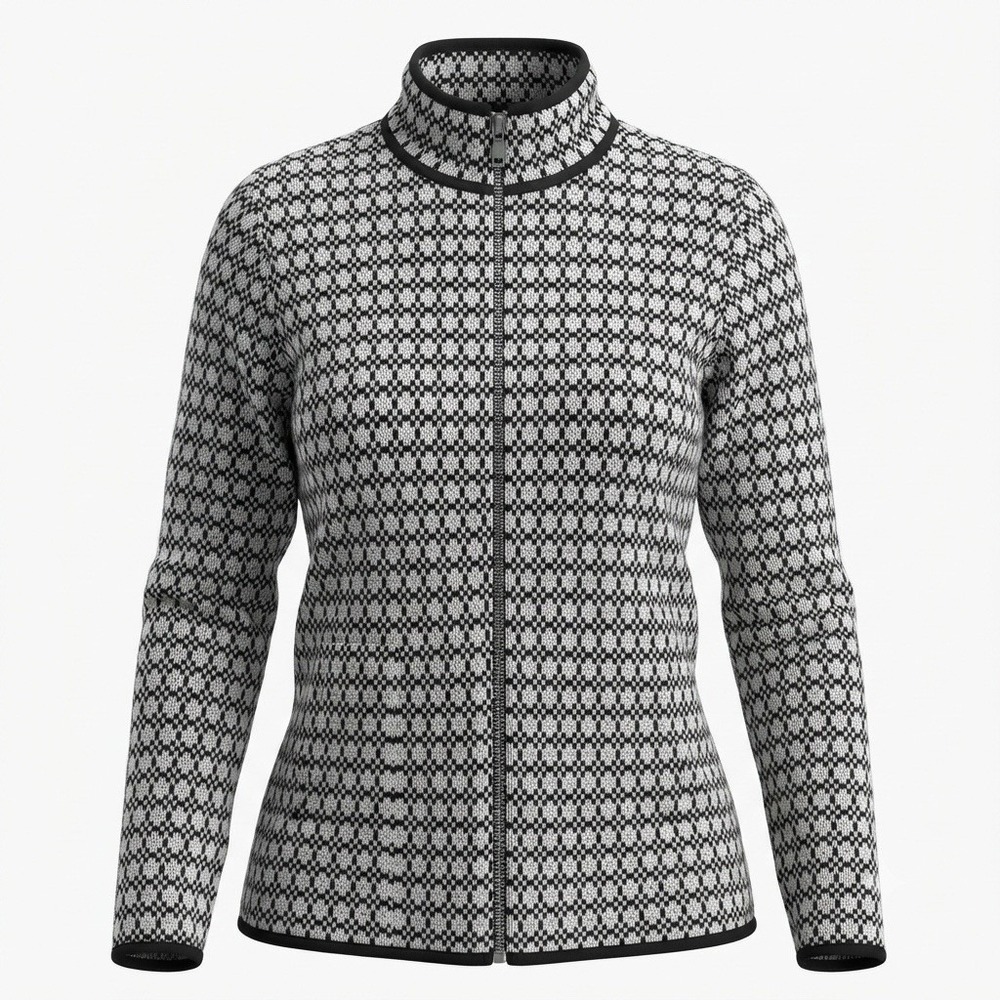 Coldwater Creek Sweater Jacket M Black White Geometric Zip Front Fleece Lined